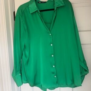Zara Emerald Green Satin Button-Down Shirt